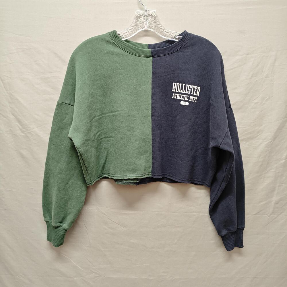 Hollister Sweatshirt Womens XS Green Navy Colorblock Cropped Raw Hem Pullover